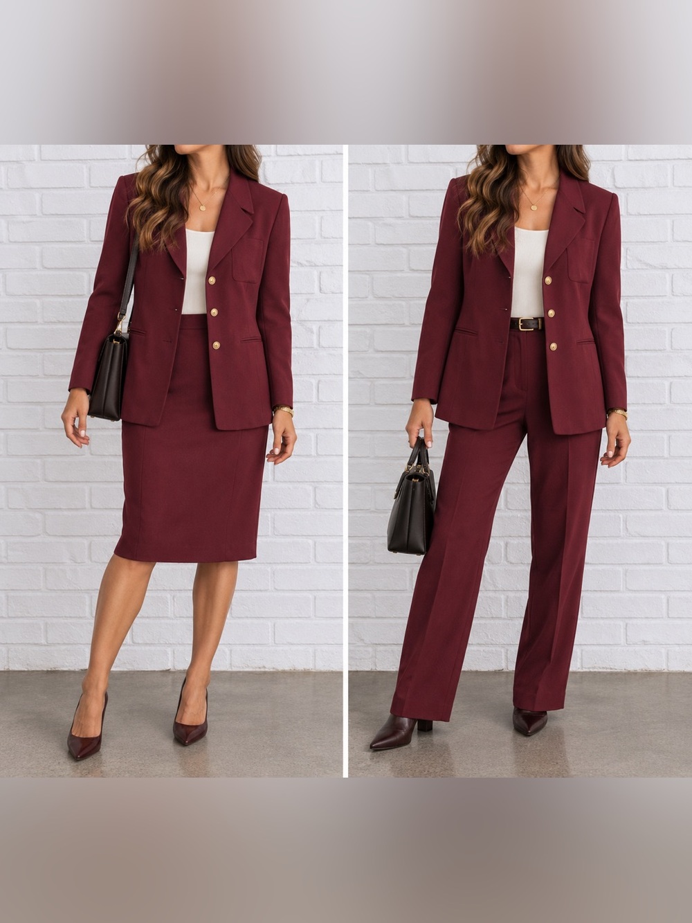 Vintage 90s Kasper 3 Piece Maroon Suit Blazer Pants Skirt Size 8